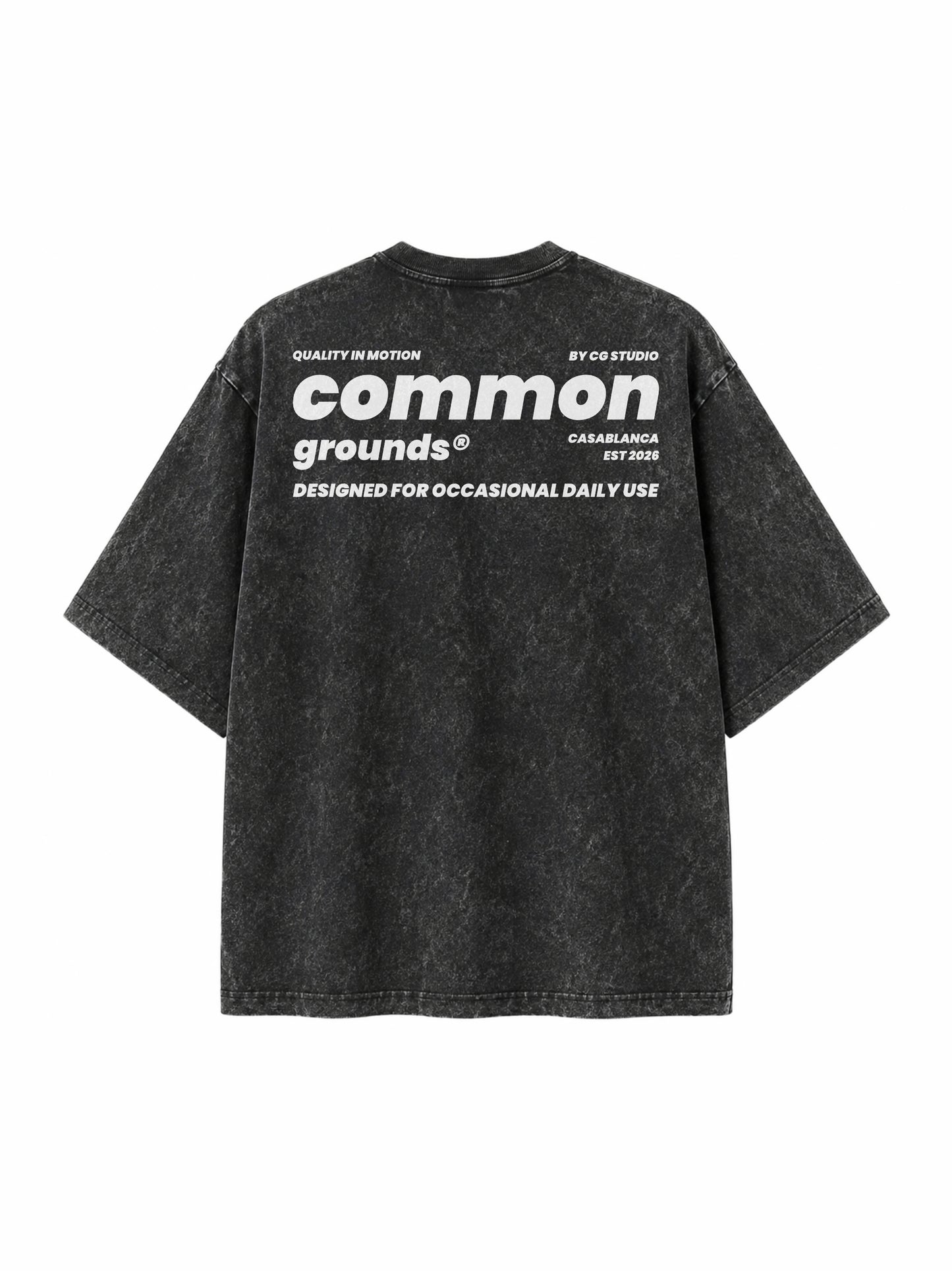 Black acid wash tee “Quality in Motion” by CG STUDIO