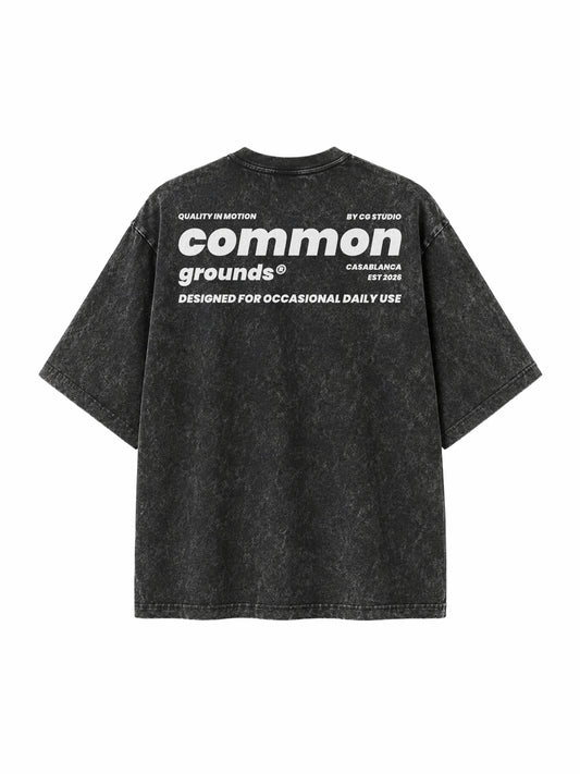 Black acid wash tee “Quality in Motion” by CG STUDIO